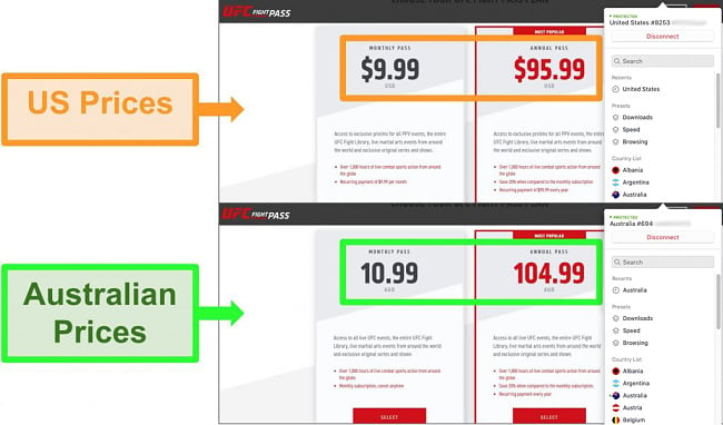 Screenshots of price differences for a subscription because of different locations, with ExpressVPN connected to two different servers.