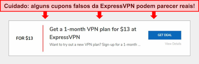 Captura de tela do cupom ExpressVPN falso.