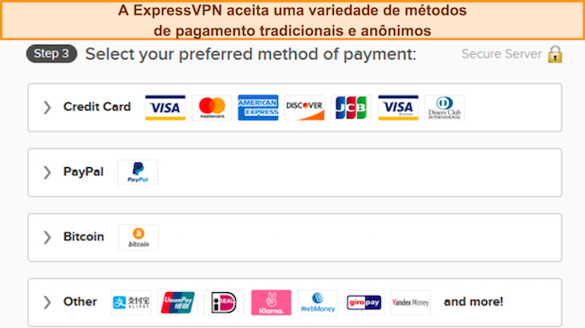 Imagem das opções de pagamento da ExpressVPN.