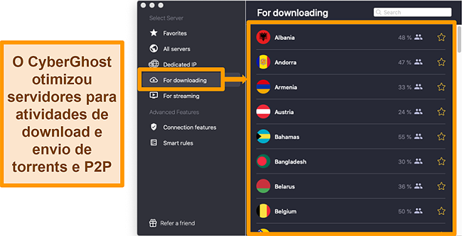 Captura de tela dos servidores otimizados da VPN da CyberGhost para download e torrenting