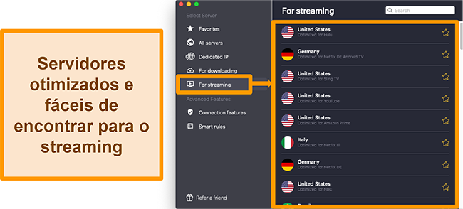 Captura de tela dos servidores otimizados da VPN CyberGhost que desbloqueiam plataformas de streaming como Netflix, Sling TV e Amazon Prime