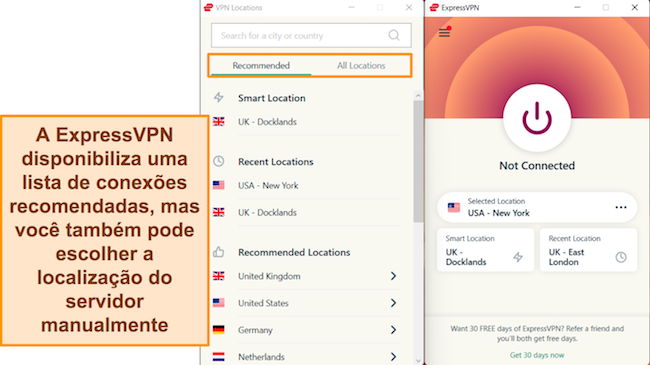 Captura de tela do aplicativo ExpressVPN para Windows, destacando as conexões de servidor recomendadas e o menu do servidor 