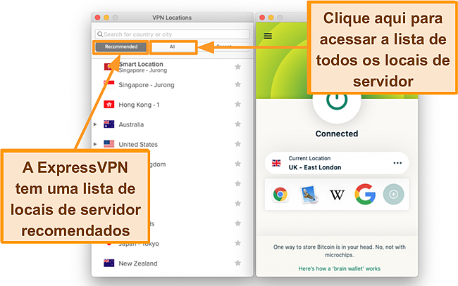 Captura de tela da lista de servidores do aplicativo ExpressVPN