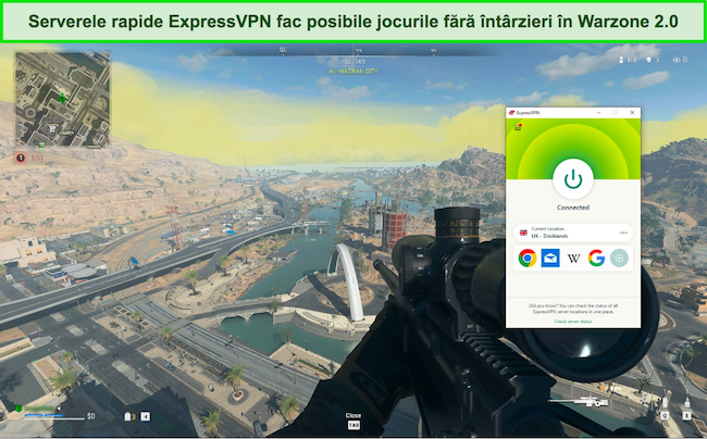 Captură de ecran cu ExpressVPN conectat la un server din Marea Britanie în timp ce jucați Warzone 2.0