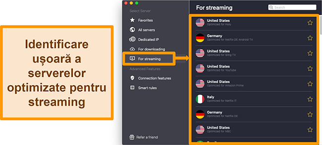 Captură de ecran a serverelor optimizate ale CyberGhost VPN care deblochează platforme de streaming precum Netflix, Sling TV și Amazon Prime