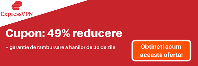 Cupon ExpressVPN cu 49% reducere și 3 luni gratuit cu o garanție de 30 de zile de returnare a banilor