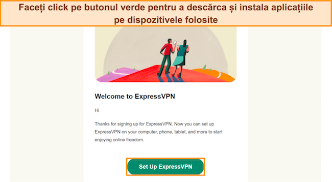 Imagine a confirmării prin e-mail de la ExpressVPN, care solicită utilizatorului să facă clic pe butonul de configurare.