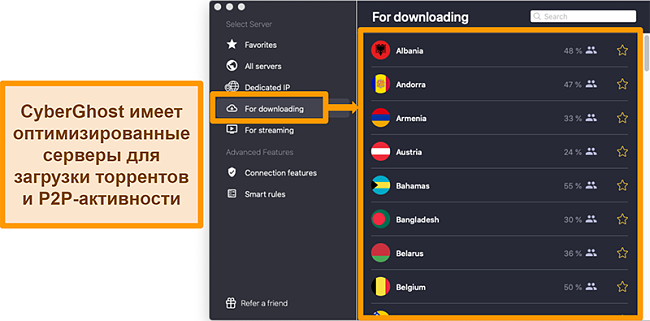 Скриншот оптимизированных серверов CyberGhost VPN для скачивания и торрент-загрузки