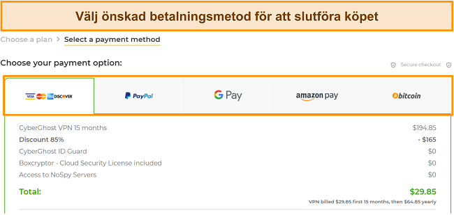 Skärmdump av betalningsmetoder som accepteras av CyberGhost