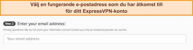 Bild på ExpressVPNs registreringssida som visar e-postinmatningsrutan.