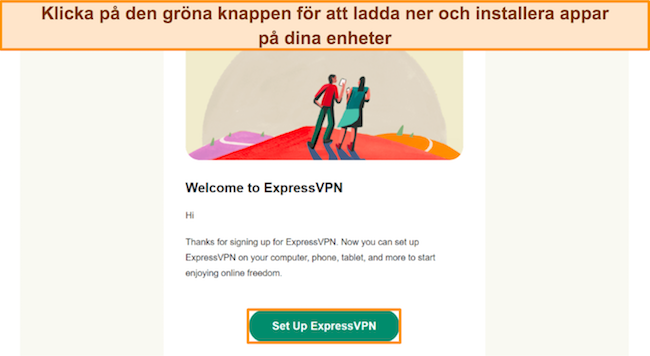 Bild på e-postbekräftelse från ExpressVPN, som uppmanar användaren att klicka på inställningsknappen.