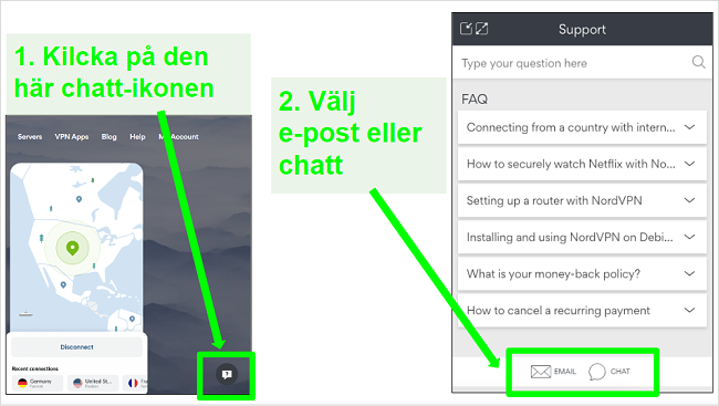 Skärmbilder av NordVPN-återbetalningsalternativ via livechatt eller e-post