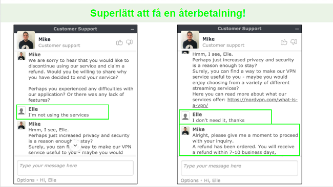 Skärmbilder av en återbetalningsbegäran via livechatt med en NordVPN-kundsupport.