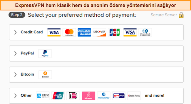 ExpressVPN'in ödeme seçeneklerinin resmi.