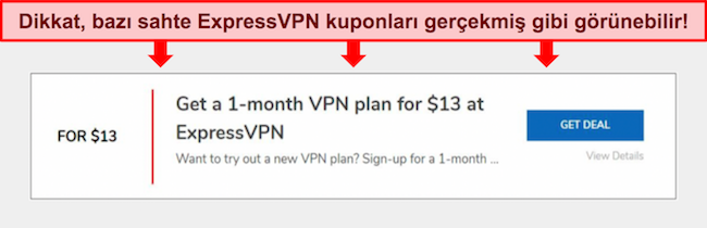 Sahte ExpressVPN kuponunun ekran görüntüsü.