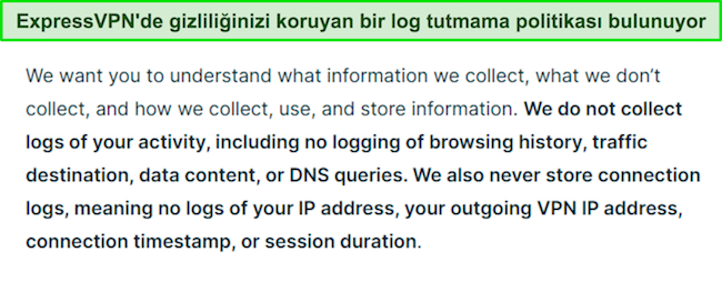 ExpressVPN'in gizlilik politikasının ekran görüntüsü.