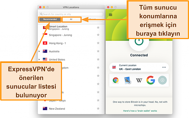 ExpressVPN uygulamasının sunucu listesinin ekran görüntüsü