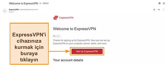 ExpressVPN'in kurulum talimatları ile yeni müşterilere hoş geldiniz e-postasının ekran görüntüsü