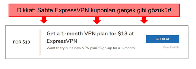 sahte bir expressvpn kuponu ek açıklamaları ile ekran görüntüsü