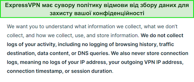 Знімок екрана політики конфіденційності ExpressVPN.