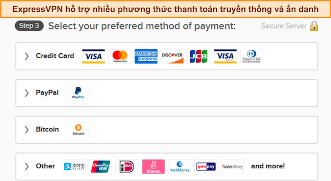 Hình ảnh các tùy chọn thanh toán của ExpressVPN.