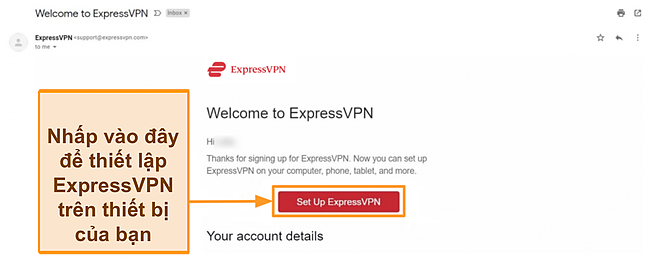Ảnh chụp màn hình email chào mừng của ExpressVPN tới khách hàng mới kèm theo hướng dẫn thiết lập
