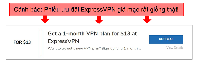 ảnh chụp màn hình với chú thích của phiếu giảm giá expressvpn giả