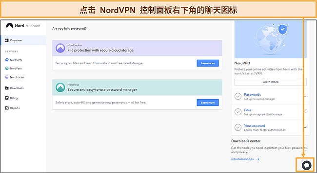 NordVPN 聊天图标的屏幕截图，用于请求与客户支持进行实时聊天。