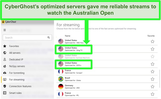Screenshot of CyberGhost's optimized streaming server menu