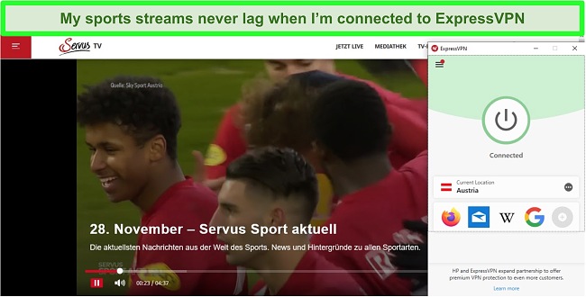 creenshot of soccer streaming on ServusTV while ExpressVPN is connected to a server in Austria