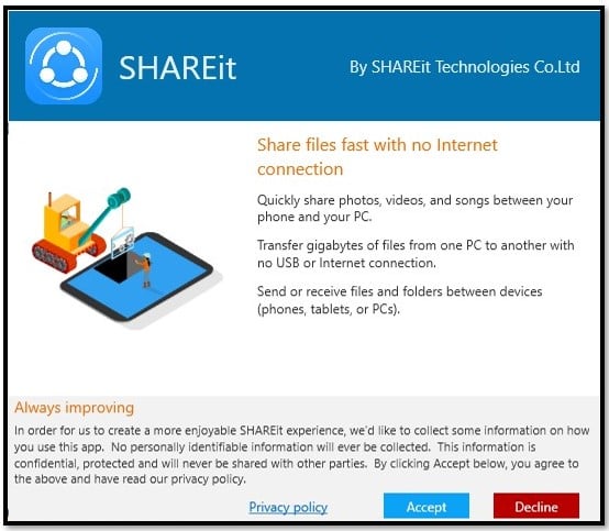 Accept Shareit Privacy Policy to Complete Installation 