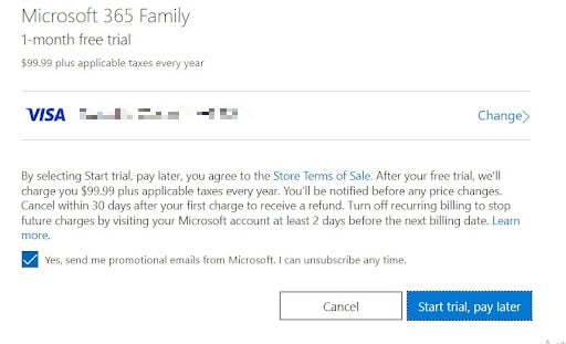 Bestätigung der Zahlung für die kostenlose Testphase von Microsoft 365