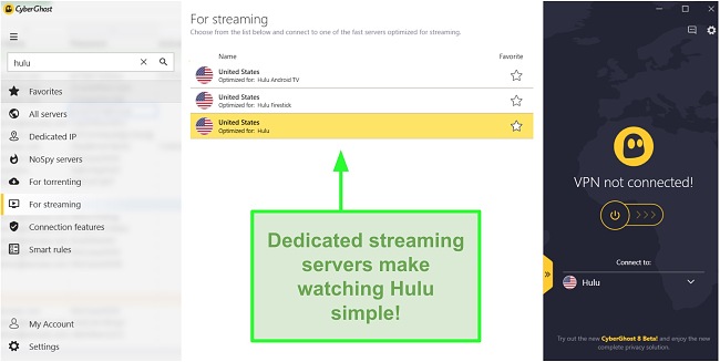 Graphic illustrating how to find dedicated Hulu streaming servers on the CyberGhost interface