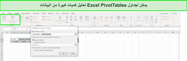 لقطة شاشة لجداول Excel PivotTables