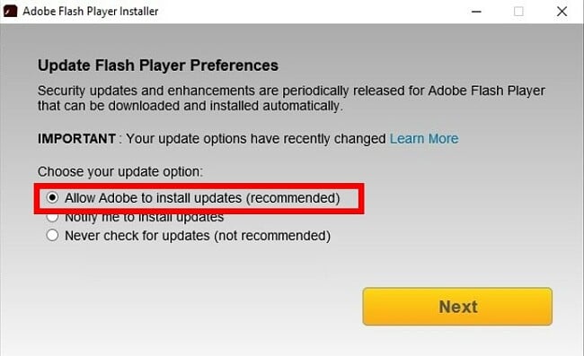 Allow Automatic Updates to Adobe Flash Player