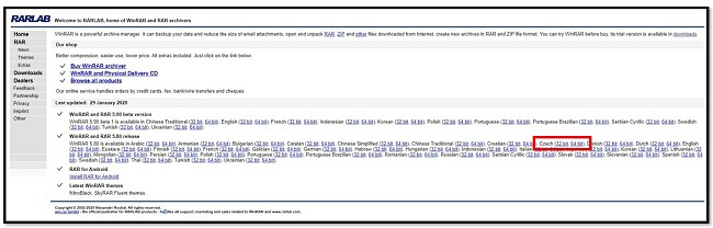 Stránka pro stažení WinRAR