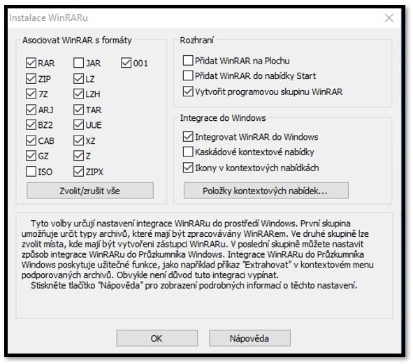 Zvolte formáty souborů podporovaných WinRAR