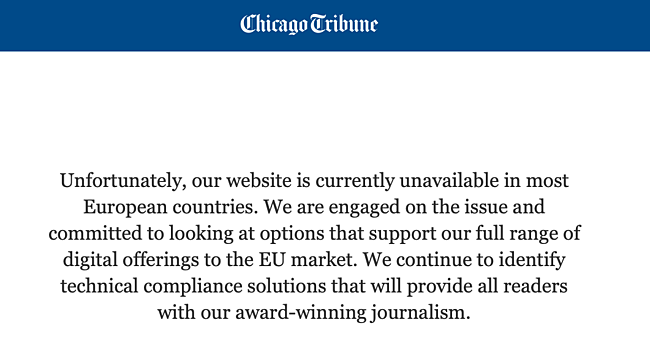 Chicago Tribune error message for European Visitors.