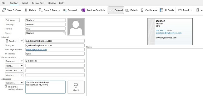 Outlook Contact Card