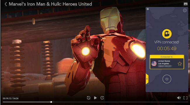 Screenshot of Marvel's Iron Man and Hulk: Heroes United on Disney Plus with CyberGhost VPN connected to a server in the United States