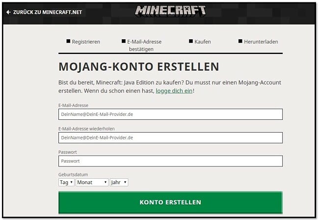 Erstellen account neuen minecraft Create Live