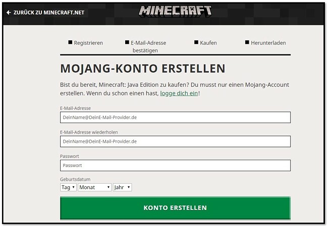 Erstellen Sie Ihr Mojang-Konto