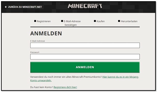 Erstellen Sie ein Konto bei Minecraft