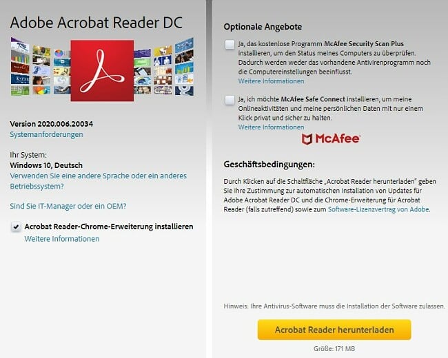 Adobe Acrobat Reader DC-Downloadseite