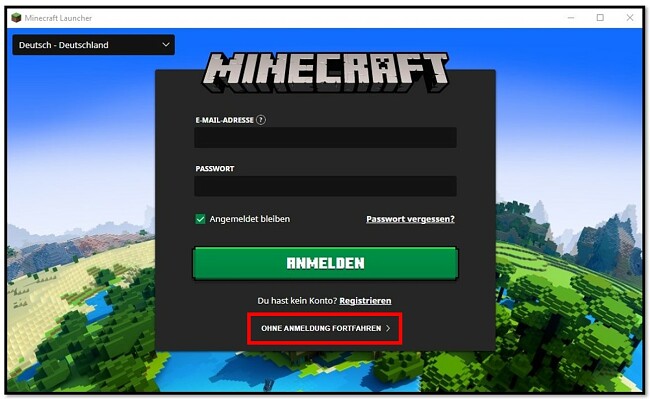 MineCraft-Anmeldeseite