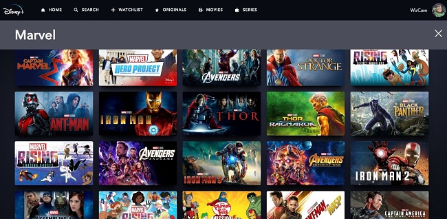 Screenshot of Marvel movies and TV shows on Disney Plus