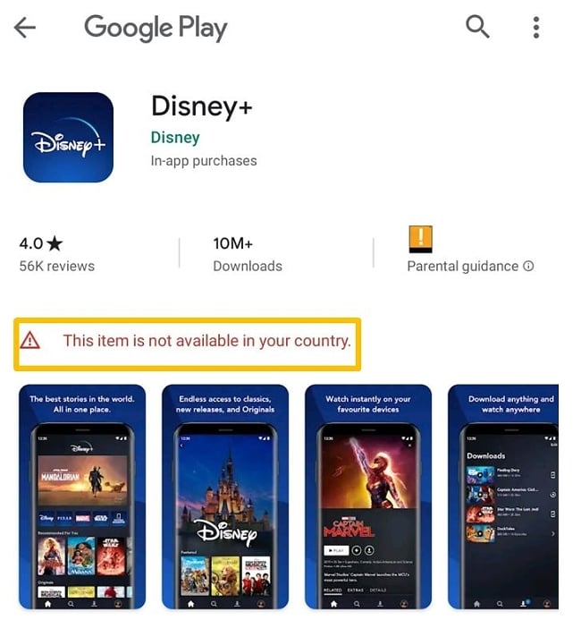 Mensagem de erro da Google Play Store para a aplicação Disney+. Não pode descarregar a aplicação a menos que esteja nos EUA ou esteja ligado a um servidor dos EUA.