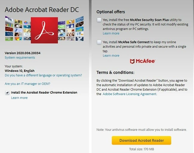 Adobe Acrobat Reader DC: n lataussivu