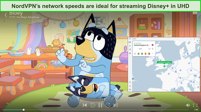 Bluey streaming on Disney+ with NordVPN connected to a UK server.