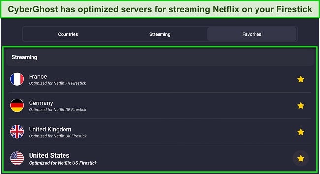 Screenshot of GyberGhosts servers optimized for France, US, UK, and German Netflix streaming